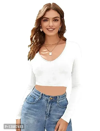 Eshu enterprise Women's V-Neck Full Sleeves Hosiery Crop Top (XS, White)