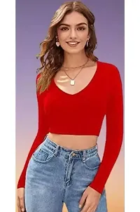 Eshu enterprise Women's V-Neck Full Sleeves Hosiery Crop Top (XXL, Red)-thumb2