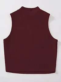 Eshu enterprise Women's  Girls' Solid Mock Neck Rib/Knit Sleeveless Stretchable Slim Fit Crop Tank Top (M, Maroon)-thumb4