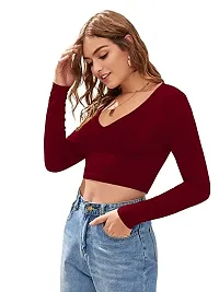 Eshu enterprise Women's V-Neck Full Sleeves Hosiery Crop Top (M, Maroon)-thumb2