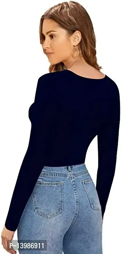 Eshu enterprise Women's V-Neck Full Sleeves Hosiery Crop Top (XXL, Navy Blue)-thumb3