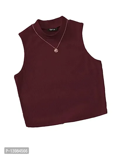 Eshu enterprise Women's  Girls' Solid Mock Neck Rib/Knit Sleeveless Stretchable Slim Fit Crop Tank Top (M, Maroon)