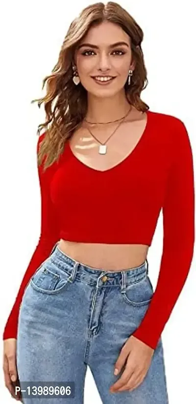 Eshu enterprise Women's V-Neck Full Sleeves Hosiery Crop Top (XXL, Red)-thumb0