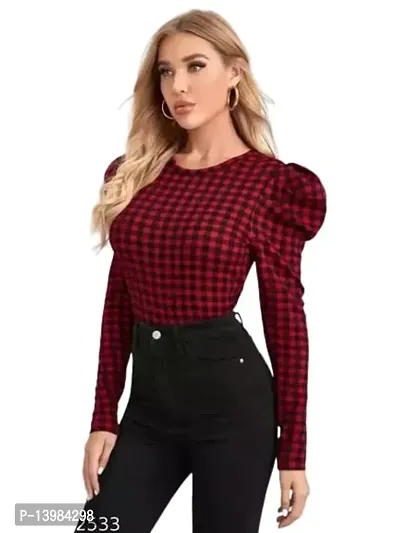 Eshu enterprise Women's Casual Bishop Long Sleeve Square Neck Crop Tops Tee (S, Red and Black)-thumb0