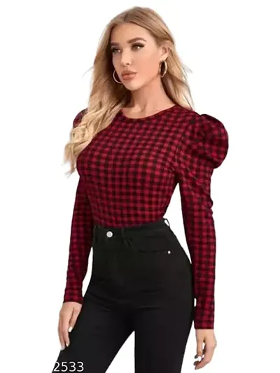 Eshu enterprise Women's Casual Bishop Long Sleeve Square Neck Crop Tops Tee (S, Red and Black)