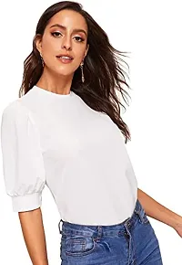 Eshu enterprise Women's Puff Half Sleeve Round Neck Keyhole Back Solid Work Blouse Top Shirts (L, White)-thumb1