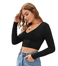 Eshu enterprise Women's V-Neck Full Sleeves Hosiery Crop Top (XS, Black)-thumb2