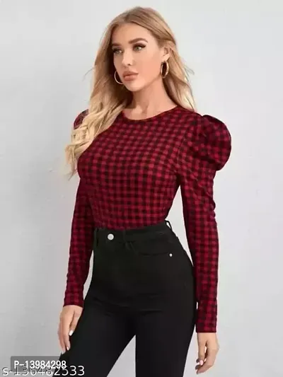 Eshu enterprise Women's Casual Bishop Long Sleeve Square Neck Crop Tops Tee (S, Red and Black)-thumb2