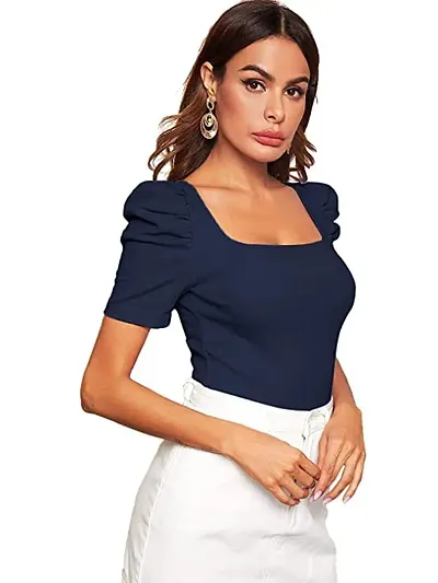 Eshu enterprise Women's Casual Bishop Long Sleeve Square Neck Crop Tops Tee (M, Blue)