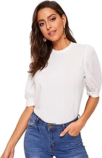 Eshu enterprise Women's Puff Half Sleeve Round Neck Keyhole Back Solid Work Blouse Top Shirts (L, White)-thumb3