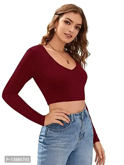 Eshu enterprise Women's V-Neck Full Sleeves Hosiery Crop Top (M, Maroon)-thumb2