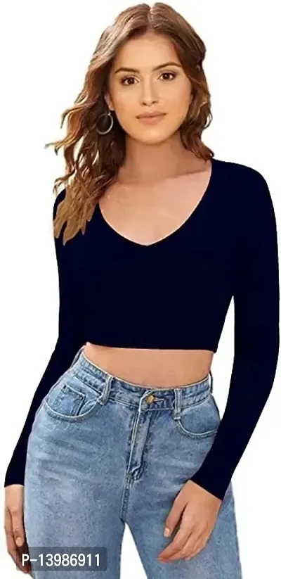 Eshu enterprise Women's V-Neck Full Sleeves Hosiery Crop Top (XXL, Navy Blue)-thumb0