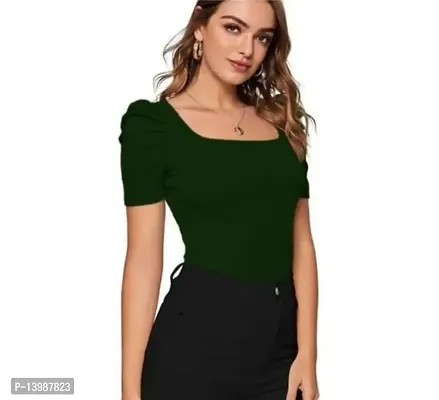 Eshu enterprise Women's Casual Bishop Long Sleeve Square Neck Crop Tops Tee (S, Green)-thumb0