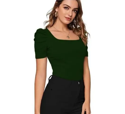 Eshu enterprise Women's Casual Bishop Long Sleeve Square Neck Crop Tops Tee (S, Green)