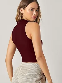 Eshu enterprise Women Basic Round Neck Ribbed Bodycon Racerback Sleeveless Crop Tops (S, Maroon)-thumb3