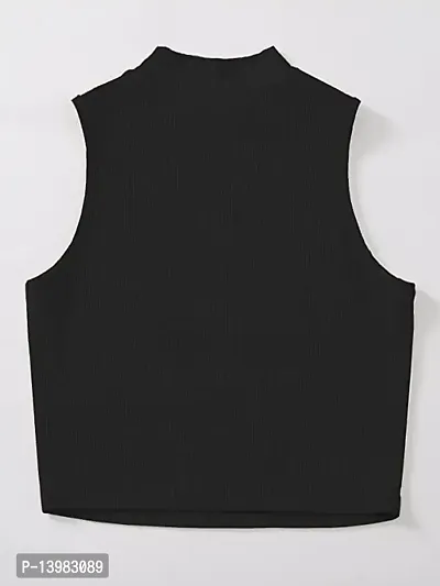 Eshu enterprise Women's  Girls' Solid Mock Neck Rib/Knit Sleeveless Stretchable Slim Fit Crop Tank Top (L, Black)-thumb5