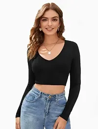 Eshu enterprise Women's V-Neck Full Sleeves Hosiery Crop Top (XS, Black)-thumb4