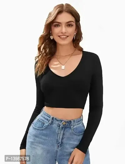 Eshu enterprise Women's V-Neck Full Sleeves Hosiery Crop Top (XS, Black)-thumb5