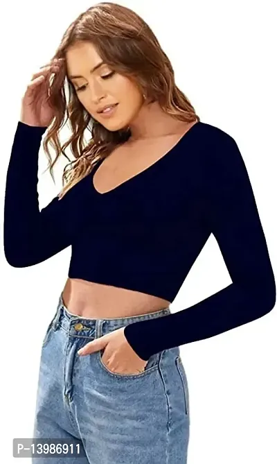 Eshu enterprise Women's V-Neck Full Sleeves Hosiery Crop Top (XXL, Navy Blue)-thumb2