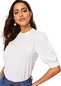 Eshu enterprise Women's Puff Half Sleeve Round Neck Keyhole Back Solid Work Blouse Top Shirts (L, White)-thumb2