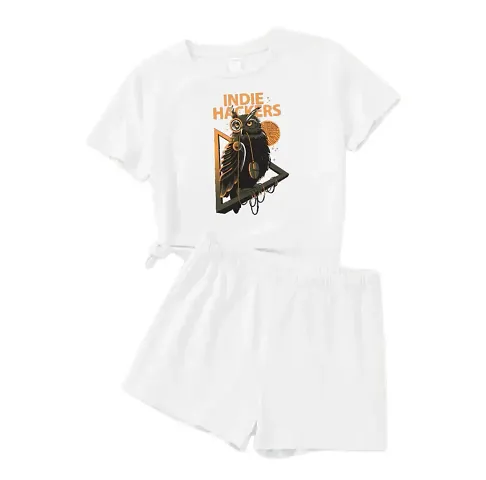 Stylish White Cotton Printed T-Shirts with Shorts For Kids