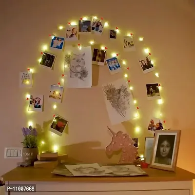 Meneon 20 Photo Clips Light - Fairy String Lights (32Ft/10Mtr) 100 Led String with 20 Red Heart Clips for Hanging Pictures, Unique Gift for Memories, Diwali Decoration Lights & Wall Decor (Warm White)-thumb0