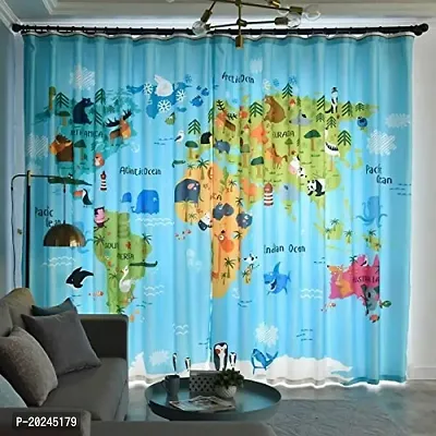 VIS World Map 3D Digital Printed Polyester Fabric Curtains for Kids Room Bed Room with Eyelet Rings Color Blue Window/Door/Long Door(D.N.310)