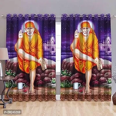 VIS Temple Sai Baba 3D Digital Printed Polyester Fabric Curtains for Kids Room Bed Room with Eyelet Rings Color Blue Window/Door/Long Door(D.N.605)