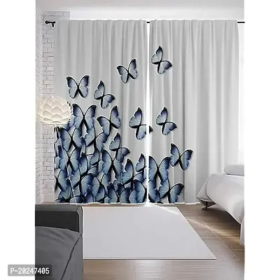 VIS 3D Blue Butterfly Digital Printed Polyester Fabric Curtains for Bed Room, Living Room Kids Room Color White Window/Door/Long Door (D.N.1625)-thumb0