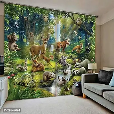 VIS 3D Animal Digital Printed Polyester Fabric Curtains for Bed Room, Living Room Kids Room Drawing Room Color Green Window/Door/Long Door (D.N. 740)