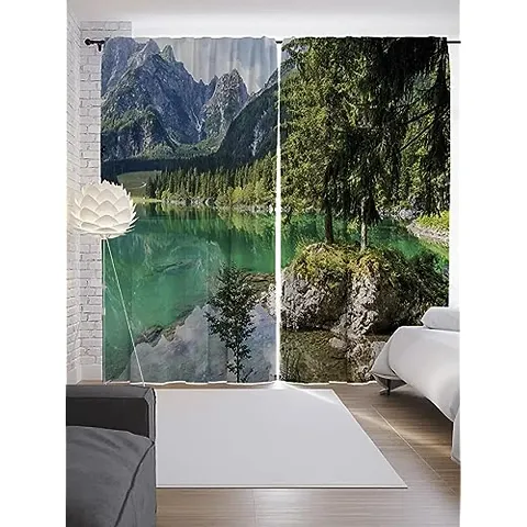 VIS 3D Mountains Scenery Digital Printed Polyester Fabric Curtains for Bed Room, Living Room Kids Room Color Green Window/Door/Long Door (D.N.1698)
