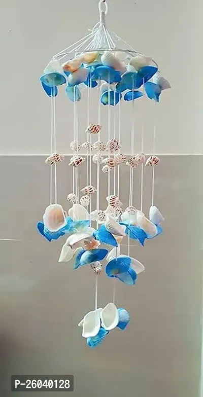 Decorative Handcrafted Artificial Sea Shell Wind Chime Home Balcony And Garden Decoration|Gift Item|Postive Energy Items For Home|Rich Positive Sound Blue And White Color-thumb0