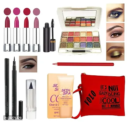 volo Stylish Beauty combo makeup set (4 Pcs Lipsticks,1 Eye Shadow, 1 CC Cream,1 Eyeliner, 1 Kajal, 1 Pouch, 1 Lip liner, 1 Mascara) Set of 11 Pcs.?