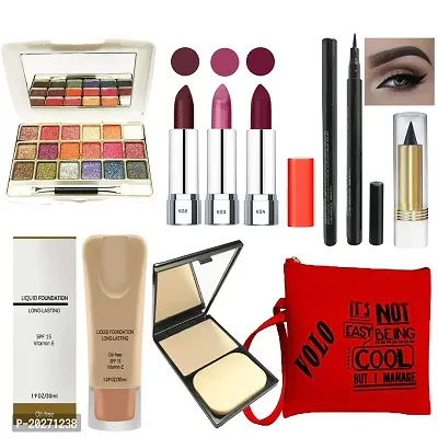 volo Stylish Beauty combo makeup set (3 Pcs Lipsticks,1 Eye Shadow, 1 Foundation,1 Eyeliner, 1 Compact, 1 Kajal, 1 Pouch) Set of 9 Pcs C8 (Multicolor) Semi-Matte Finish-thumb2