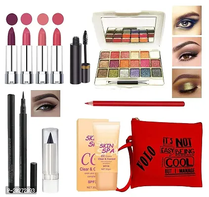 volo Stylish Beauty combo makeup set (4 Pcs Lipsticks,1 Eye Shadow, 1 CC Cream,1 Eyeliner, 1 Kajal, 1 Pouch, 1 Lip liner, 1 Mascara) Set of 11 Pcs (Kit 349)