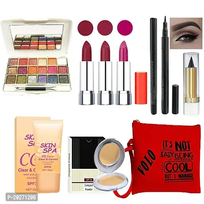 volo Stylish Beauty combo makeup set (3 Pcs Lipsticks,1 Eye Shadow,1 CC Cream,1 Eyeliner,1 Compact,1 Kajal,1 Pouch) Set of 9 Pcs C4