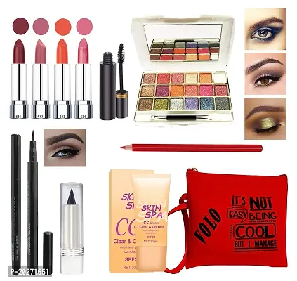 volo Stylish Beauty combo makeup set (4 Pcs Lipsticks,1 Eye Shadow, 1 CC Cream,1 Eyeliner, 1 Kajal, 1 Pouch, 1 Lip liner, 1 Mascara) Set of 11 Pcs.-thumb0