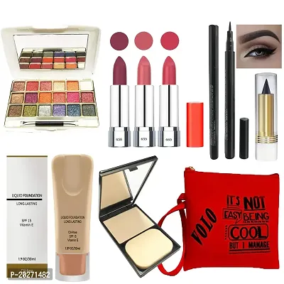 volo All in one makeup kit (3 Pcs Lipsticks,1 Eye Shadow, 1 foundation,1 Eyeliner, 1 Compact, 1 Kajal, 1 Pouch) Set of 9 Pcs C10