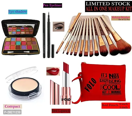 volo All In One Makeup Kit(1 Lipstick,Eye Shadow,Pen Eyeliner,Compact,12 Pcs. Brush set 1 Kit Pouch) Set of 17 Pc (Maroon) (Pink)