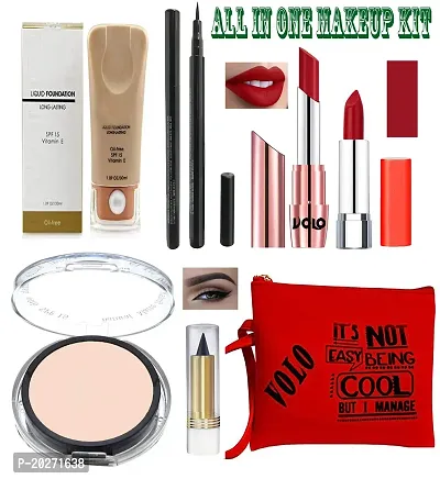 volo All In One Makeup Kit (1 Lipstick Red 1 Lipstick Pink, 1 Foundation,1 Compact,1 Pen Eye Liner,1 Black Kohal Kajal With Red Makeup Pouch Set of 7 Pcs