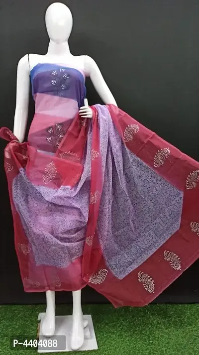 Stylish Cotton Kota Doria Hand Block Print Women Dress Material With Duaptta