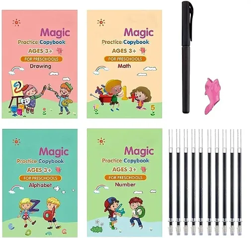 Reusable Magic Practice Notebook 4 Books Math, Drawing, Alphabet, Number, Pen with 10 Refills, Magic calligraphy books for kids