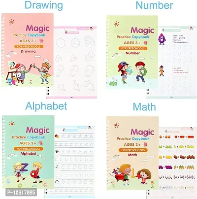 Reusable Magic Practice Notebook 4 Books Math, Drawing, Alphabet, Number, Pen with 10 Refills, Magic calligraphy books for kids-thumb2
