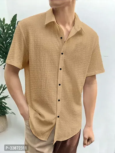 Reliable Beige PopCorn Solid Short Sleeves Casual Shirts For Men