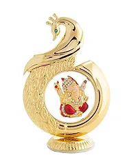 International Gift Golden Blue Pen, Business Card Holder, Golden Keyring and Golden Peacock Shape Ganesh Pagdi God Idol Car Dashboard and Home Temple-thumb1