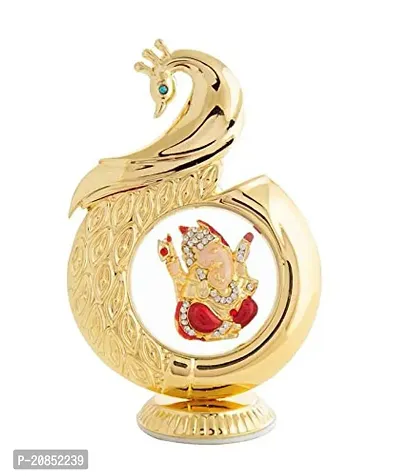 International Gift Golden Blue Pen, Business Card Holder, Golden Keyring and Golden Peacock Shape Ganesh Pagdi God Idol Car Dashboard and Home Temple-thumb2