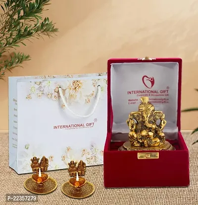 International Gift Gold Metal Pagdi Ganesh God Idol Statue With Laxmi Ganesh Diya With Box With Carry Bag, 10H X 8W X 8L Cm