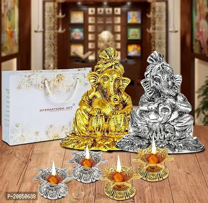 International Gift Silver Ganesh with Shehanais and Golden Ganesh with Tabla Instrument Statue with Luxury Velvet Box Pack and Beautiful Carry Bag and 4 pics jyot Set Showpiece for Home Decor