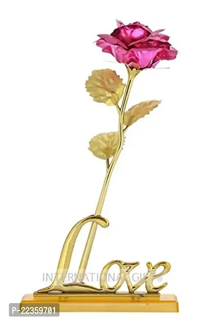 International Gift Blue Plastic Pink Rose Flower With Leaf With Love Shape Stand And Luxury Gift Box, lrm;25 Cm