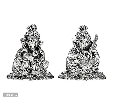 International Gift Silver Ganesha Idol with Sitar and Tabla with Royal Royal Luxury Velvet Box Pack and Beautiful Carry Bag (12 cm, Silver)